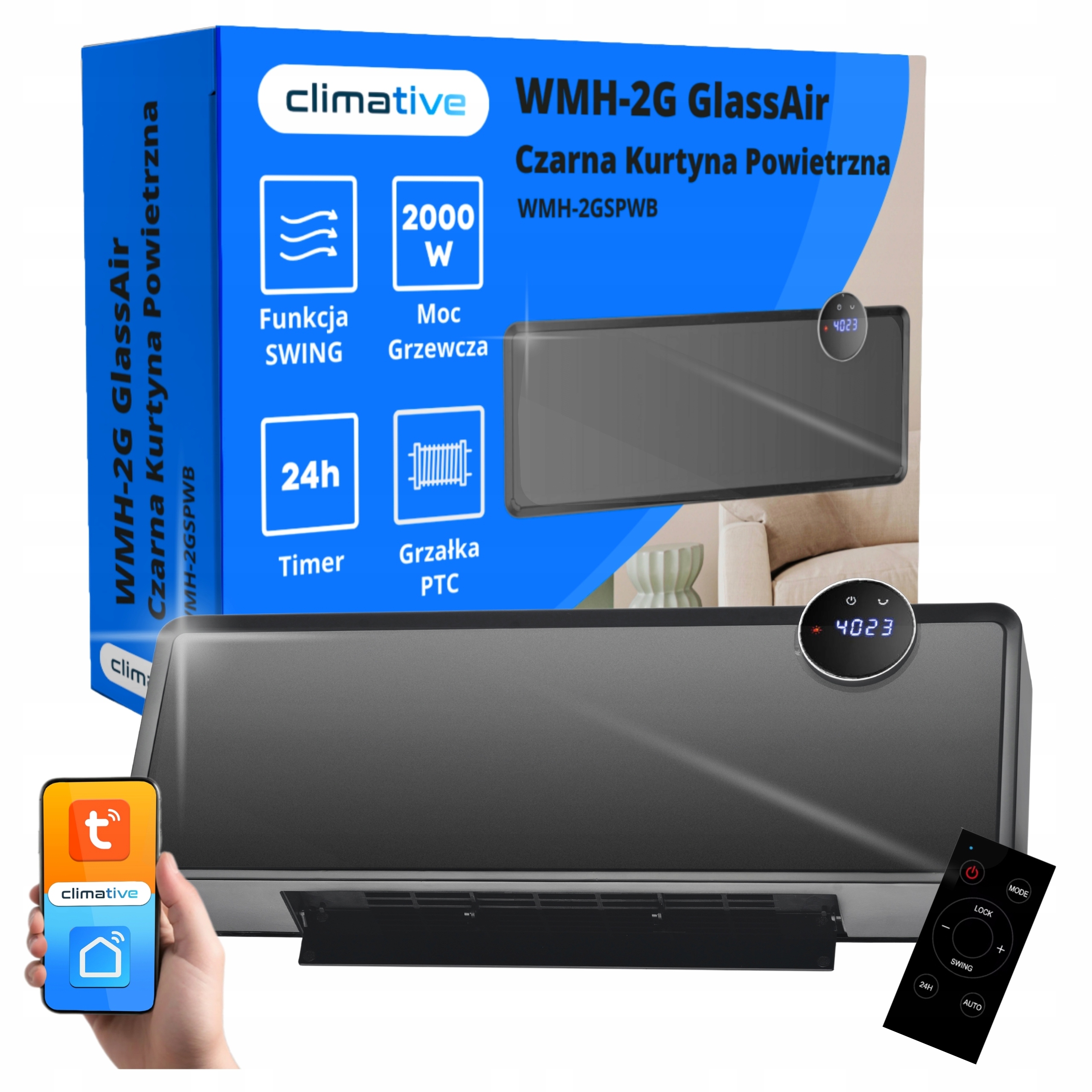 Elektrický ohrievač GlassAir sklenená vzduchová clona farelka 2000W WiFi