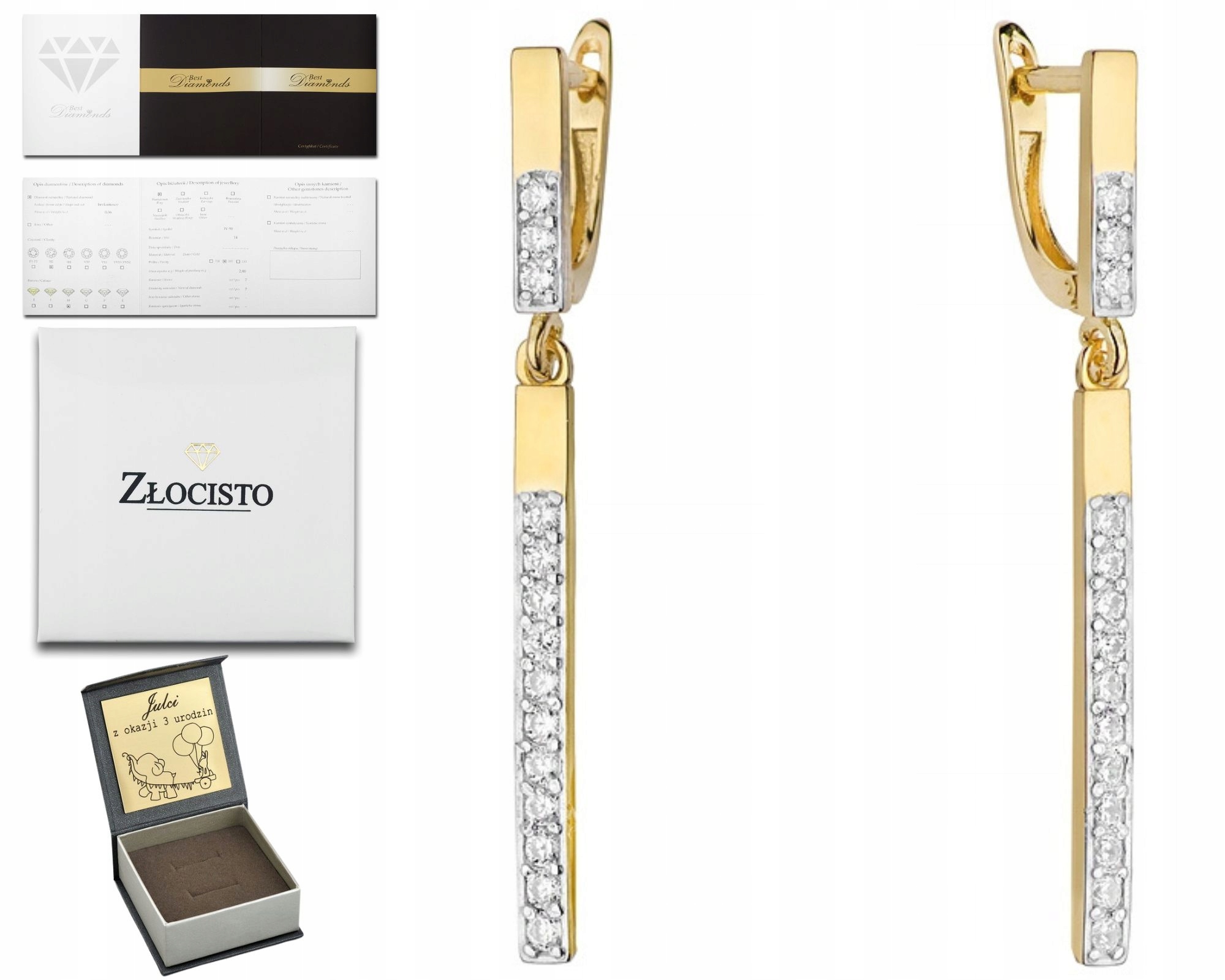 Zlaté Náušnice Se Závěsnými Brilianty 585 Gravírování