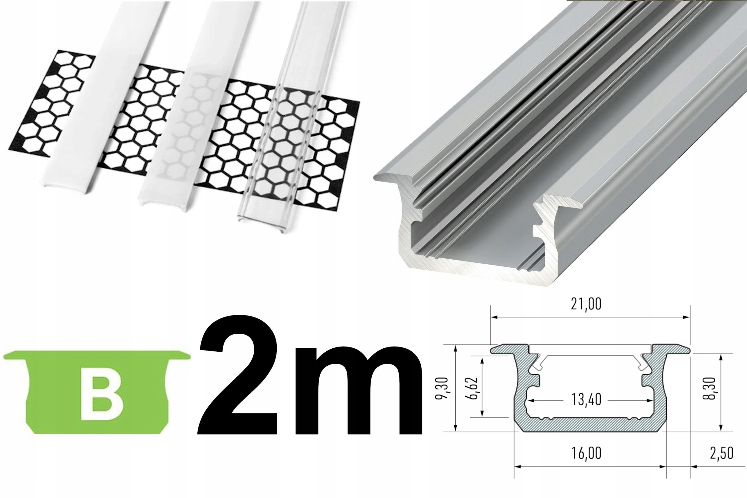 Profil LED wpuszczany UNIWERSALNY 2m SREBRNY+KLOSZ