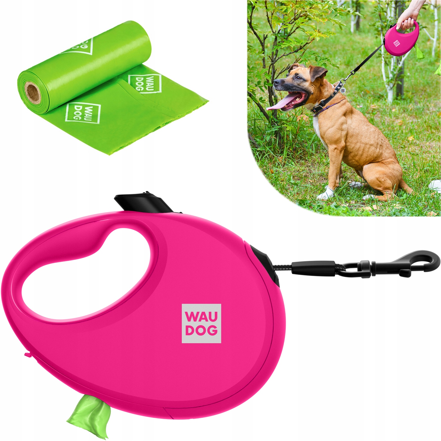 Levně Vodítko pro psa s nádobou na sáček, růžová, velikost L, do 40 kg