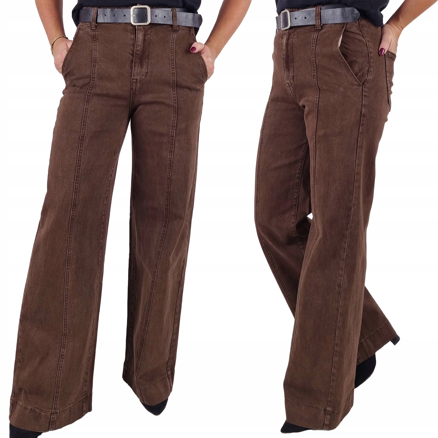 M.sara Spodnie Jeansowe Szerokie Nogawki Z Kantem Brązowe Czekoladowe 42/XL