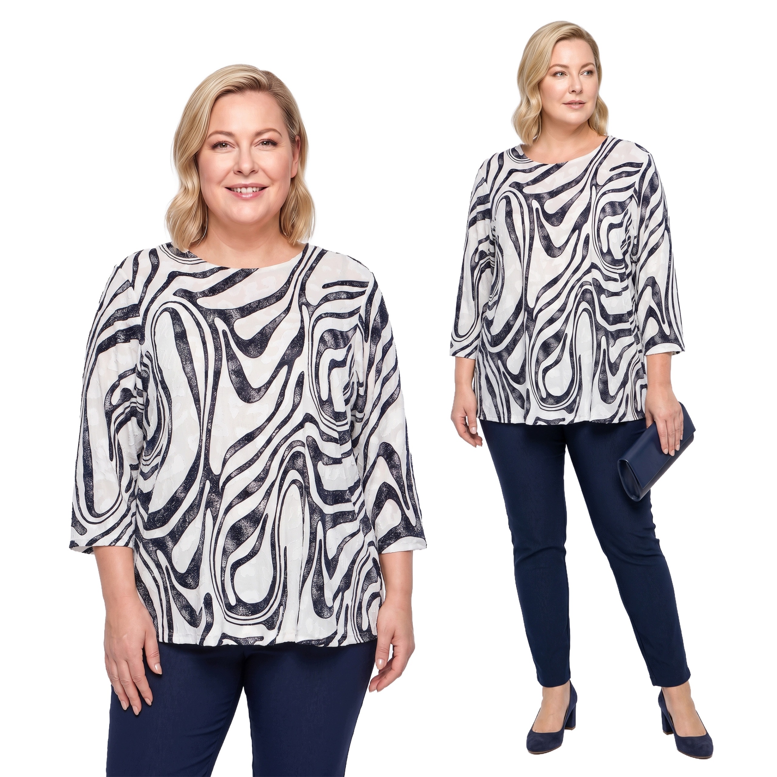 Bílá halenka s tmavě modrými abstraktními vzory plus size velikost 50