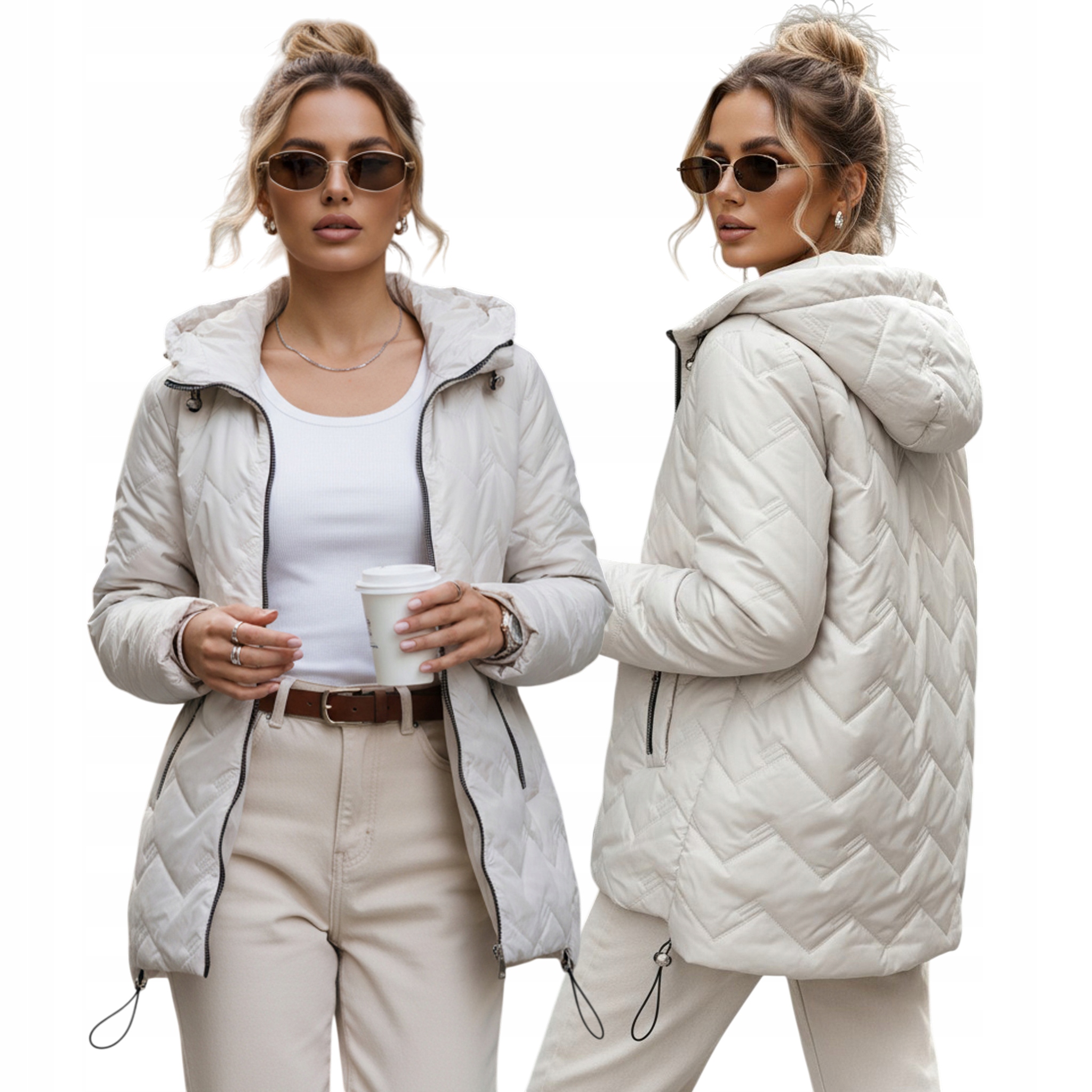 Kurtka damska przejściowa pikowana z kapturem jasnoszara TY5610 XL