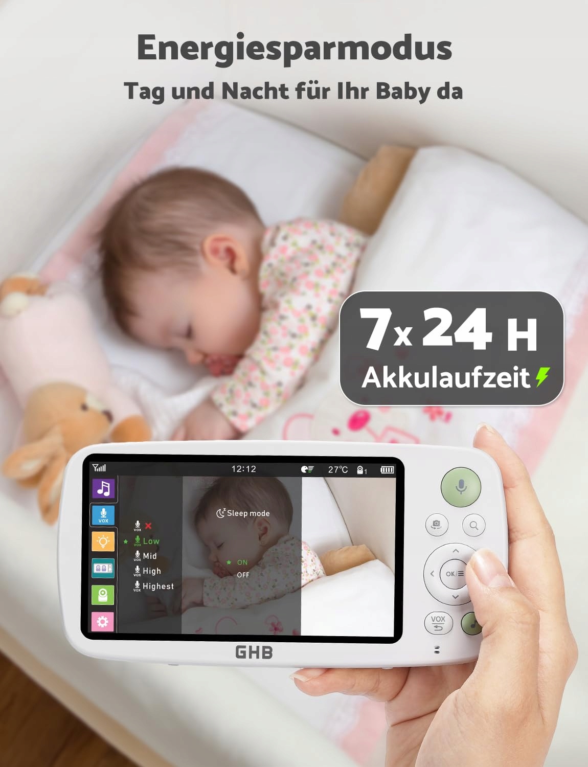 GHB Elektroniczna Niania Kamera 5" HD 1080P 4000mAh VOX 4xZoom 300m — miniatura 3
