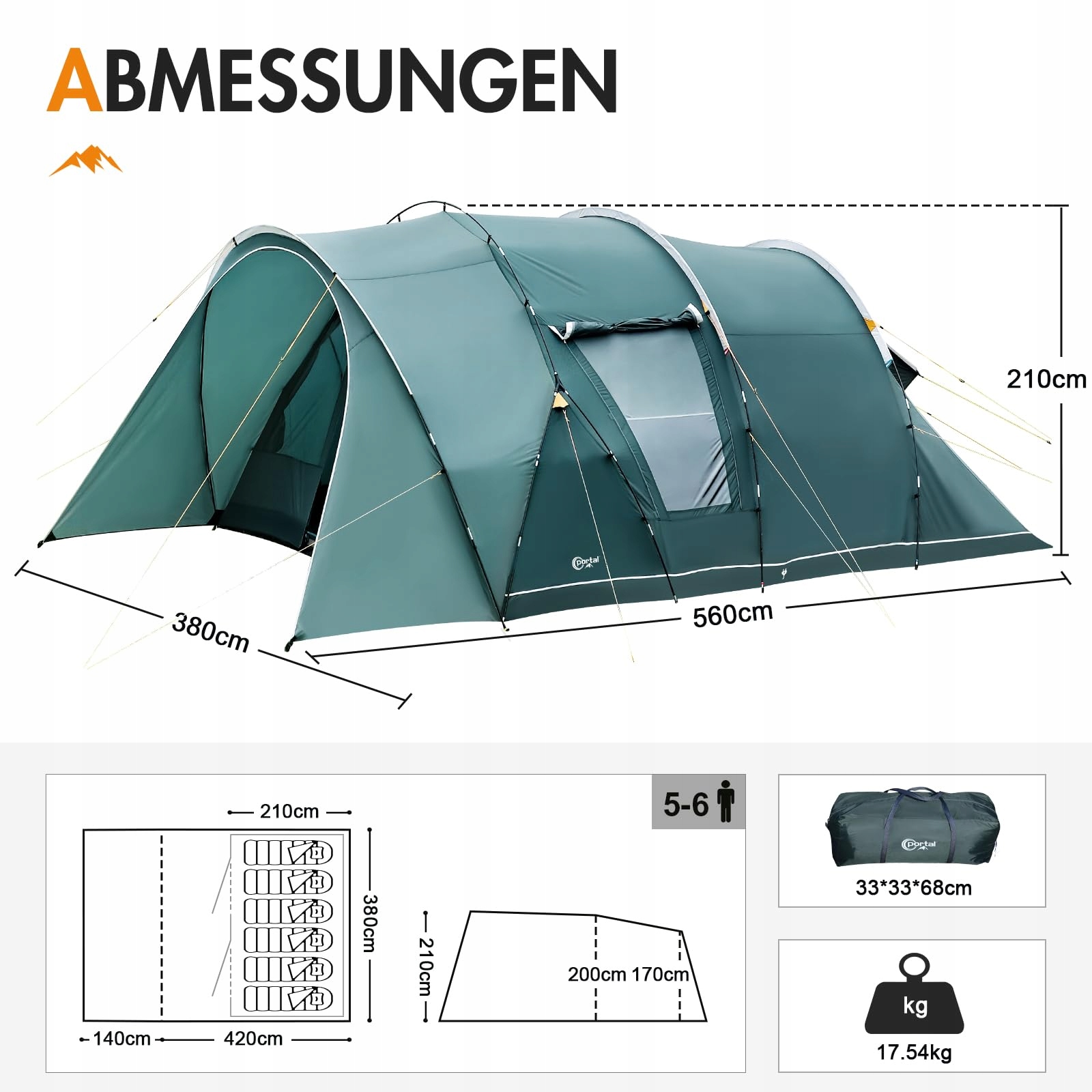PORTAL Namiot Tunelowy 5-6 Osób Wodoodporny 3000 mm Duży Rodzinny Camping — miniatura 3