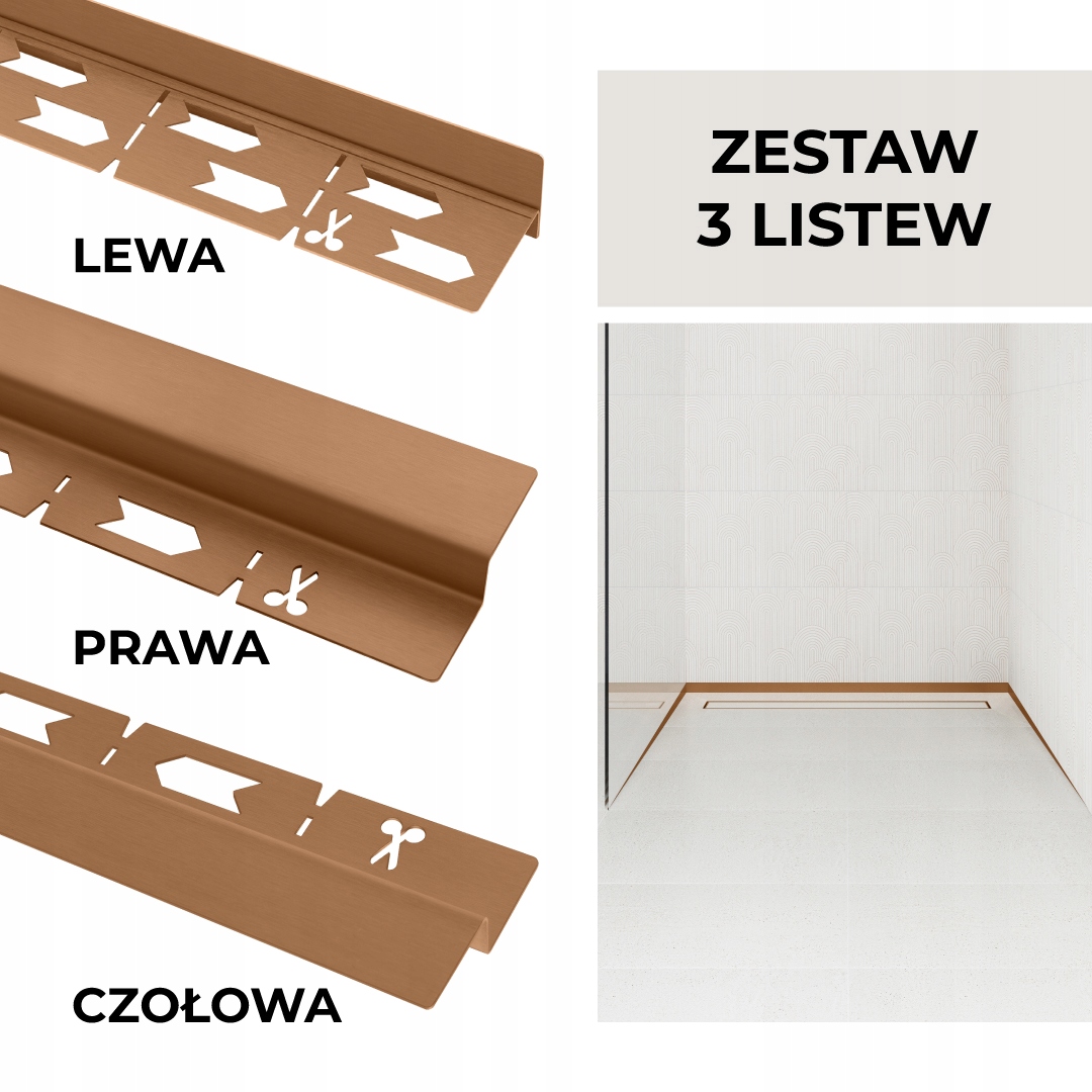 Sada lišt pro odtok Vogi Čelní+Spádová+Stěnová Měděná 120 cm