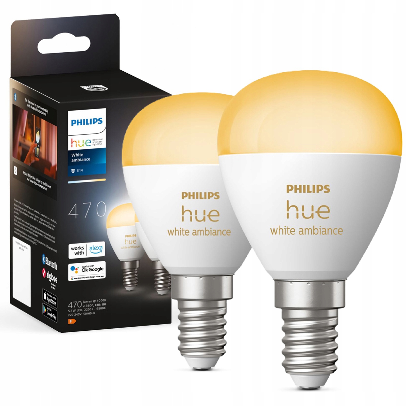 2x Led žárovka E14 P45 5,1W 470lm 2200-6500K Stmívatelná Smart Philips Hue