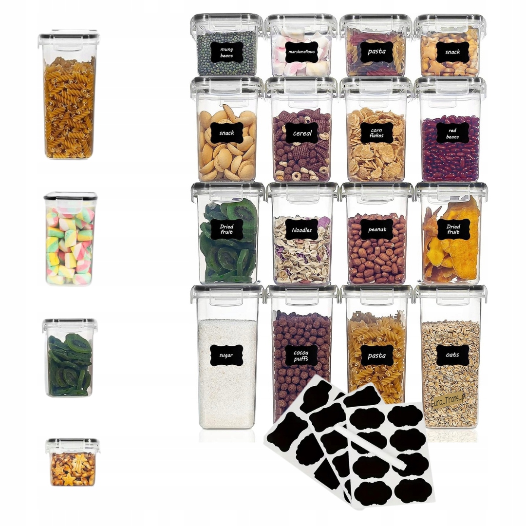 Zestaw 16 Pojemników Na Żywność Hermetyczne na Przyprawy, Makaron, Płatki