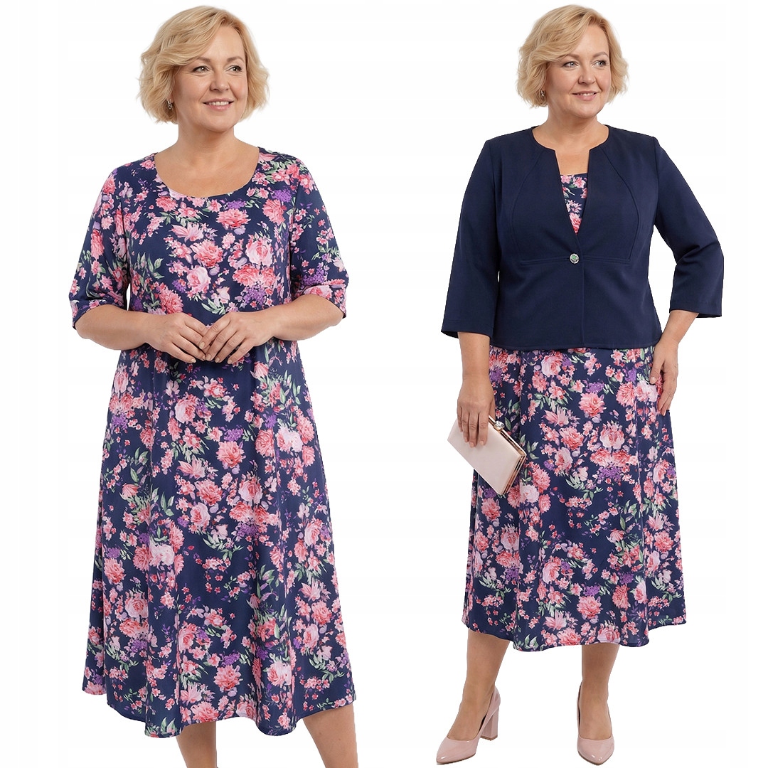 Tmavě modrá šaty s fialovo-růžovými květy plus size velikost 62