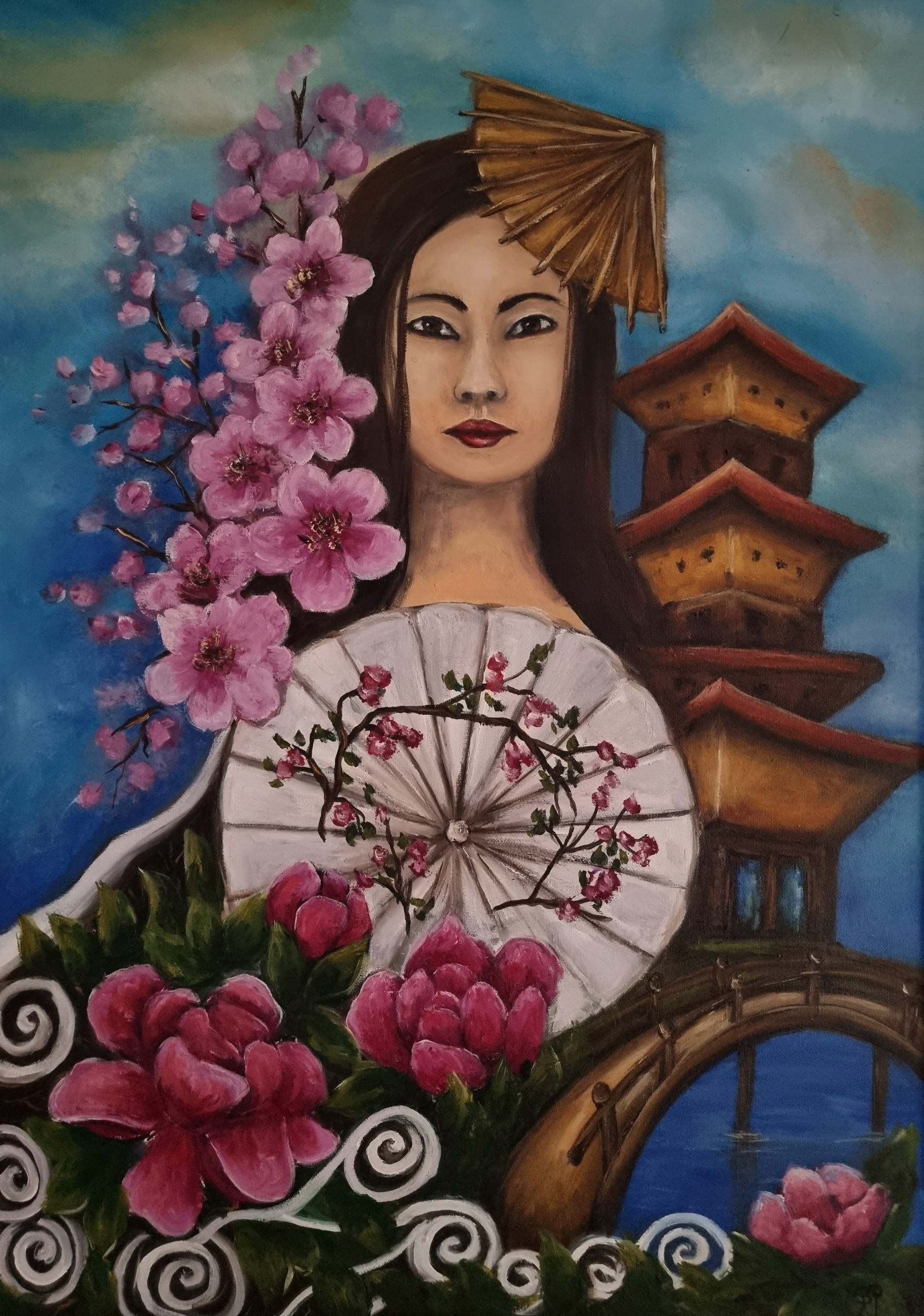 Olejomaľba s japonskými motívmi. Žena, vejár, kvety.
