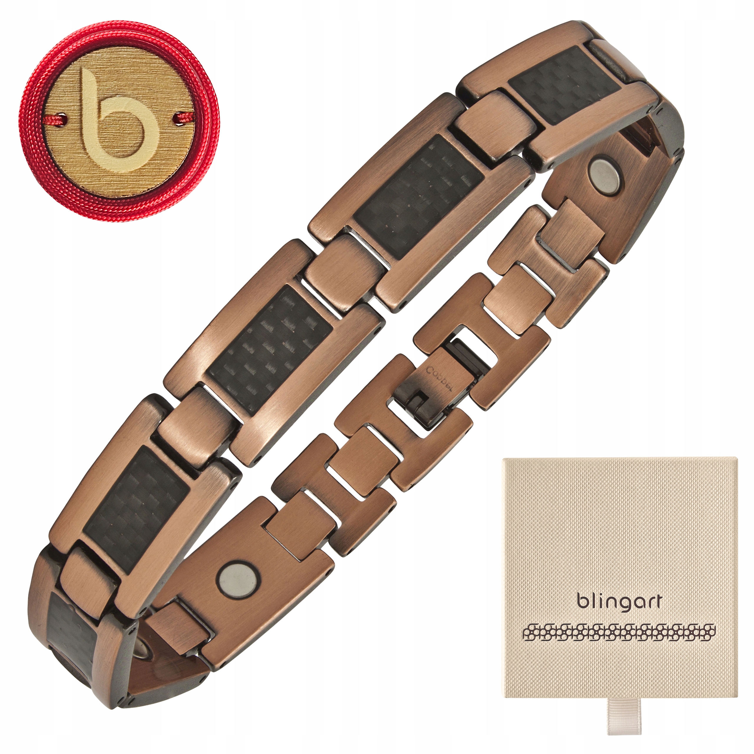 Měděný magnetický náramek pánský frézovaný široký carbon Blingart