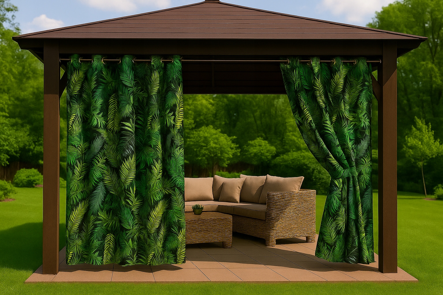 Nepromokavé zahradní závěsy na míru šířka 155 cm, oka páskou, vzory