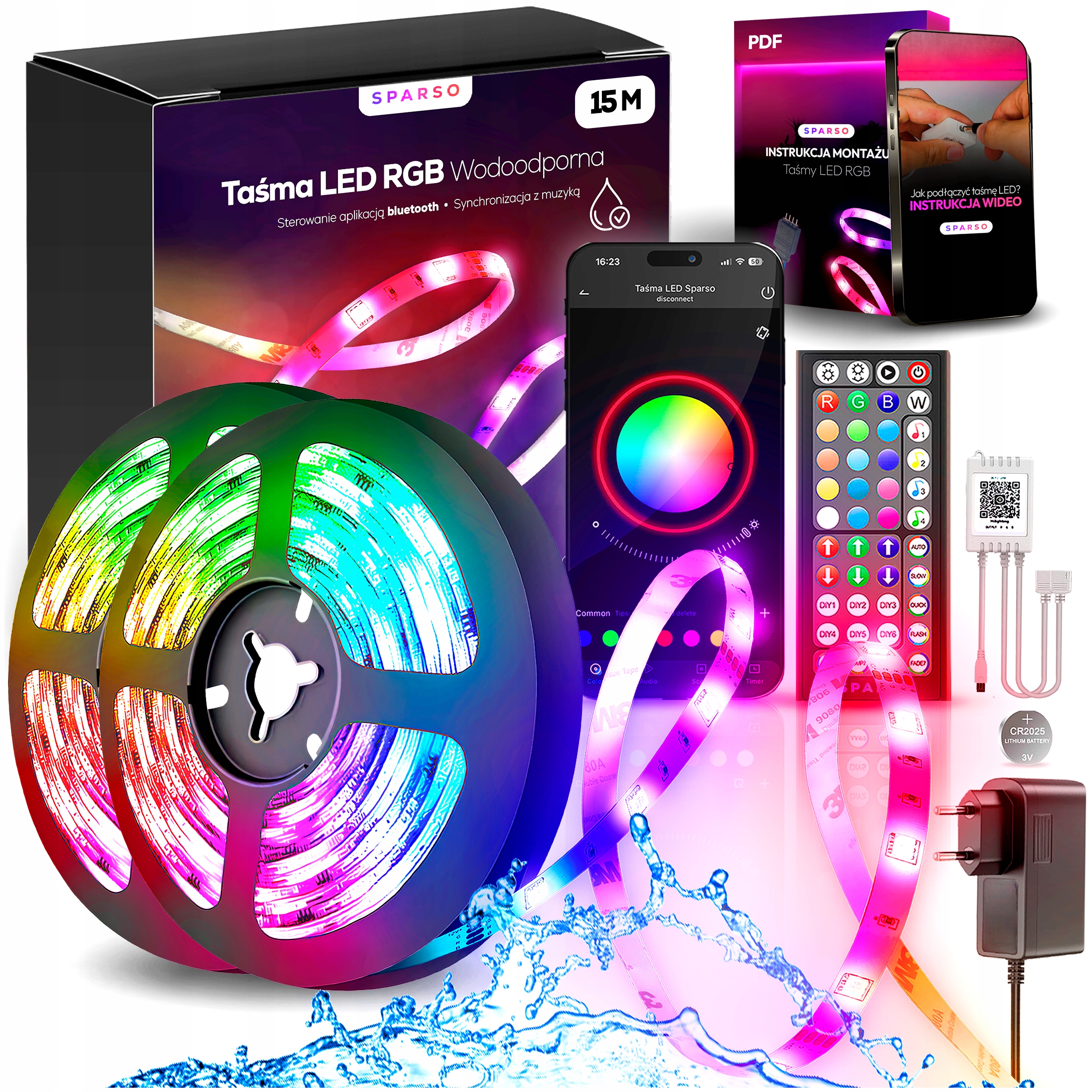 Taśma Led Rgb Wodoodporna 15M Ledy 12V z Pilotem Mocna Zestaw Aplikacja
