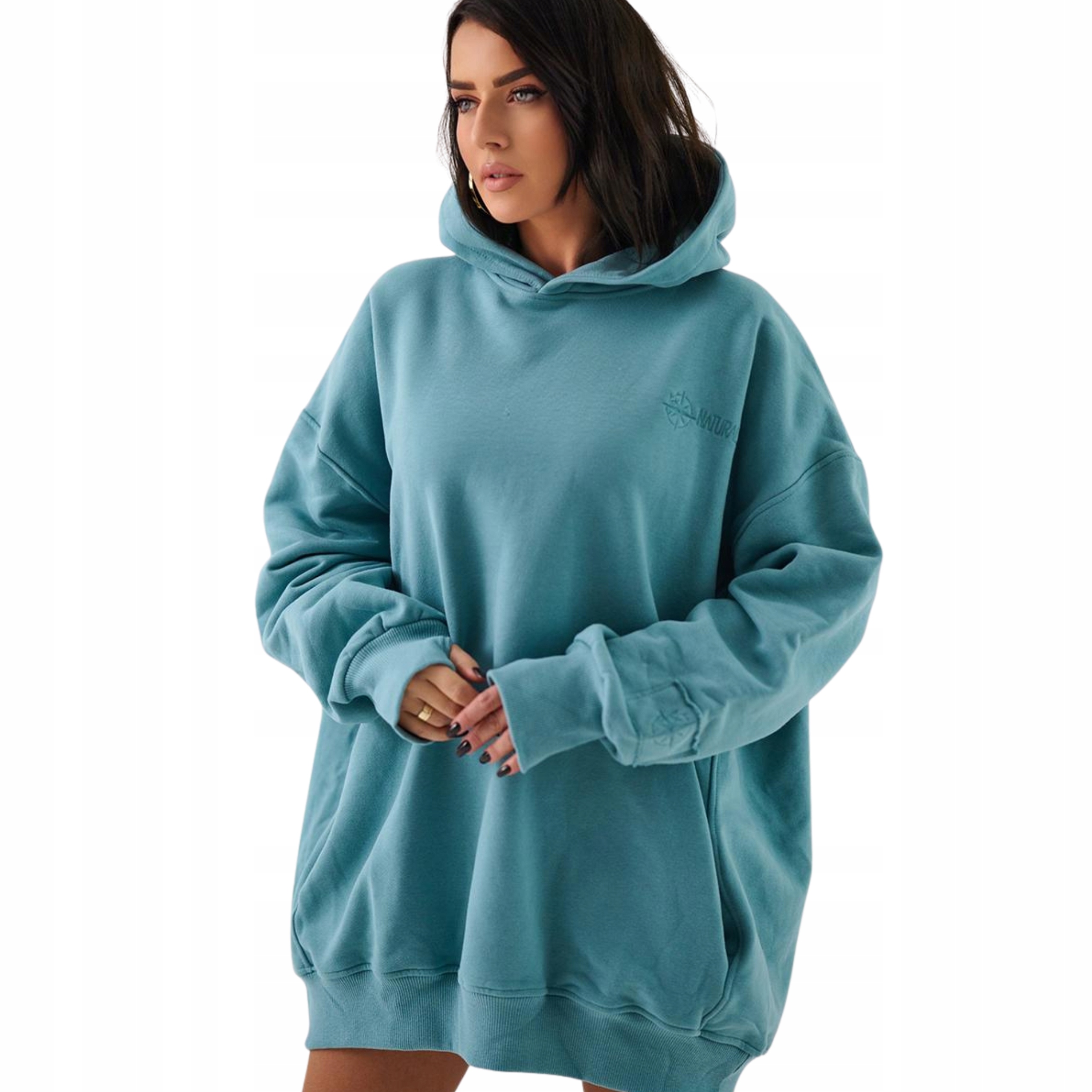 Bluza damska oversize dresy kangurka z kapturem Premium turkus M L