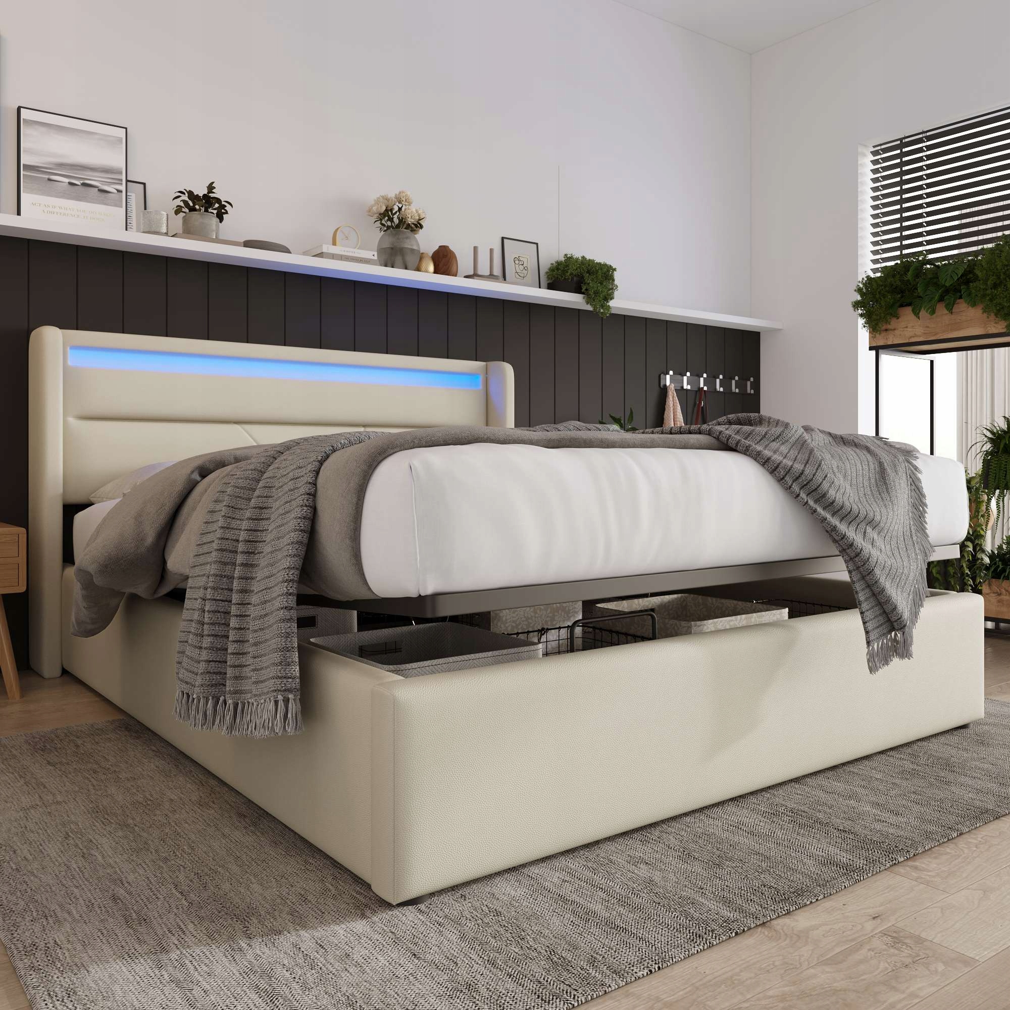 Čalouněná postel Dvoulůžková hydraulická postel 160*200 cm Led Bílá