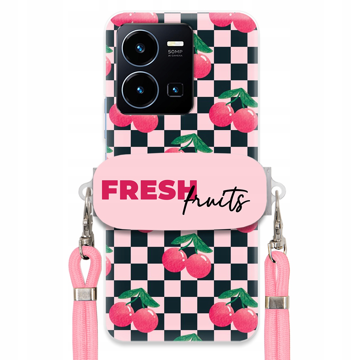 pouzdro na Vivo Y22S Vodítko Pink Crossbody+ Funkční rukojeť Fresh Fruits
