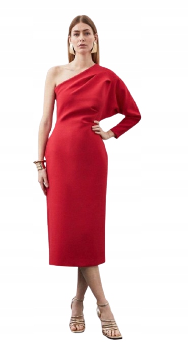 Karen Millen Červená Šaty MIDI Na Jedno Rameno S Dlouhým Rukávem 40 B1F