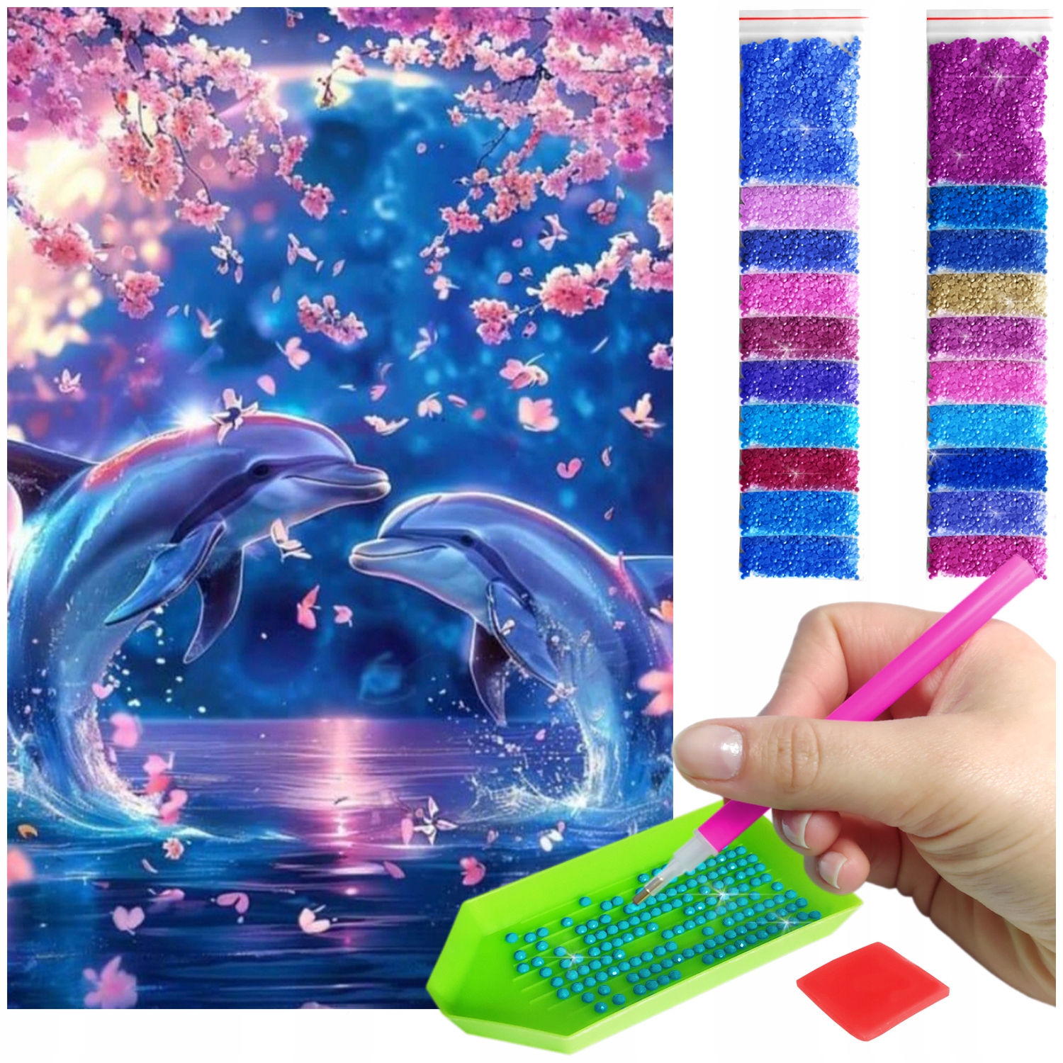 Výšivka Diamond Painting mozaika delfíni pod rozkvetlou třešní sada