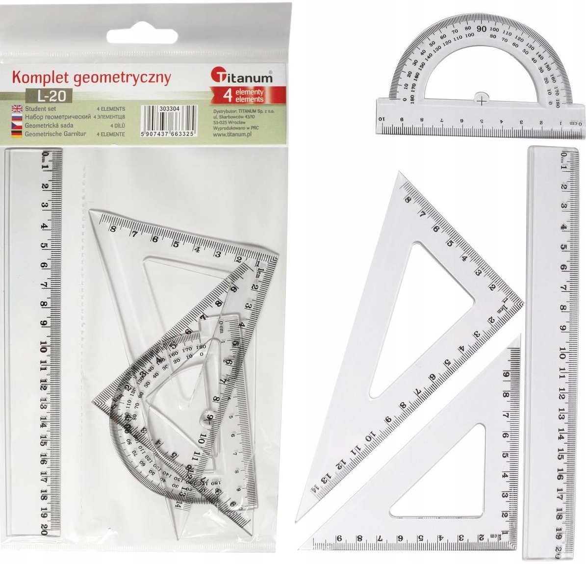 KOMPLET GEOMETRYCZNY 20cm Titanum 4-elementy linijka kątomierz 2 ekierki