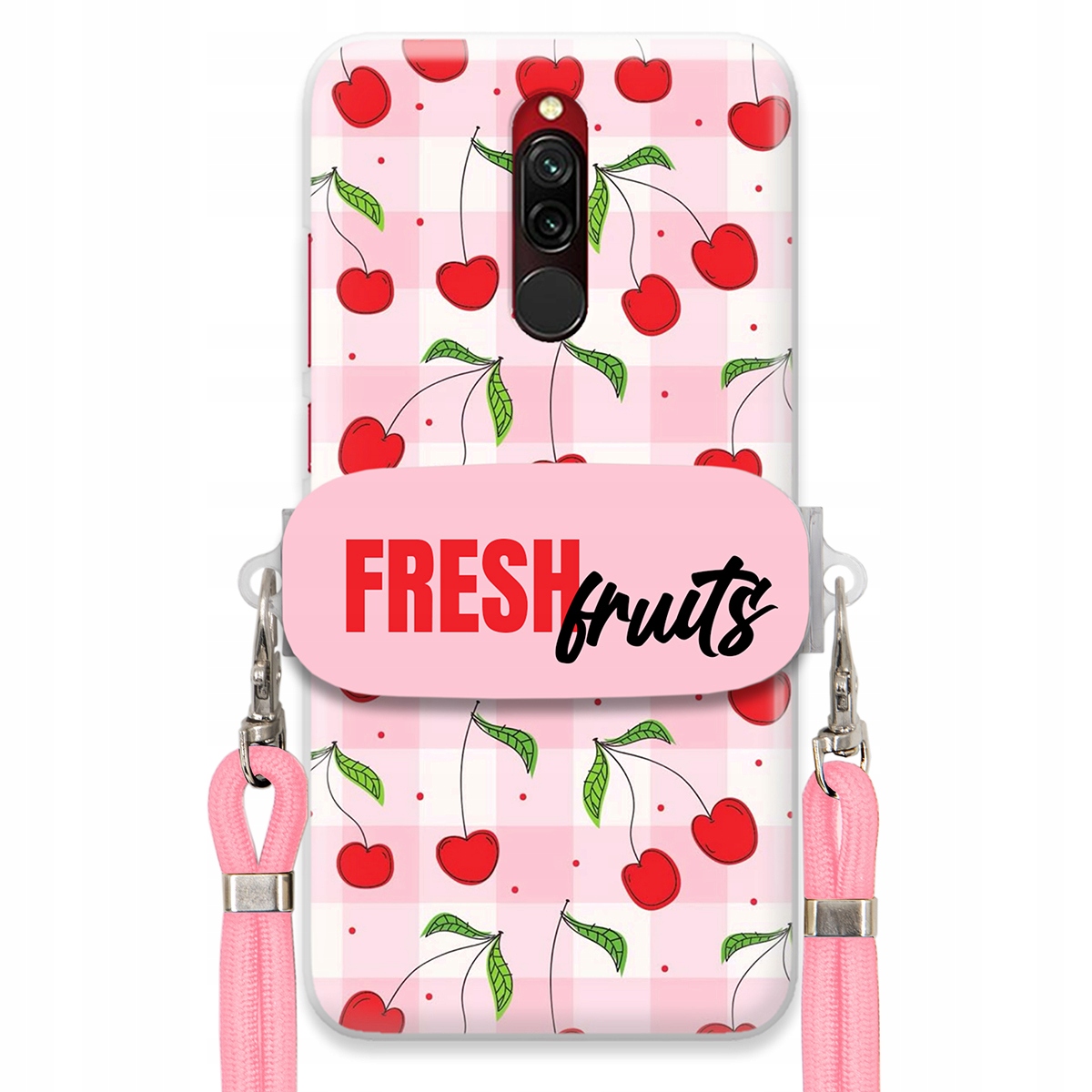 Pouzdro pro Xiaomi Redmi 8 Case Držák Šňůrka Růžová Fresh Fruits Mřížka