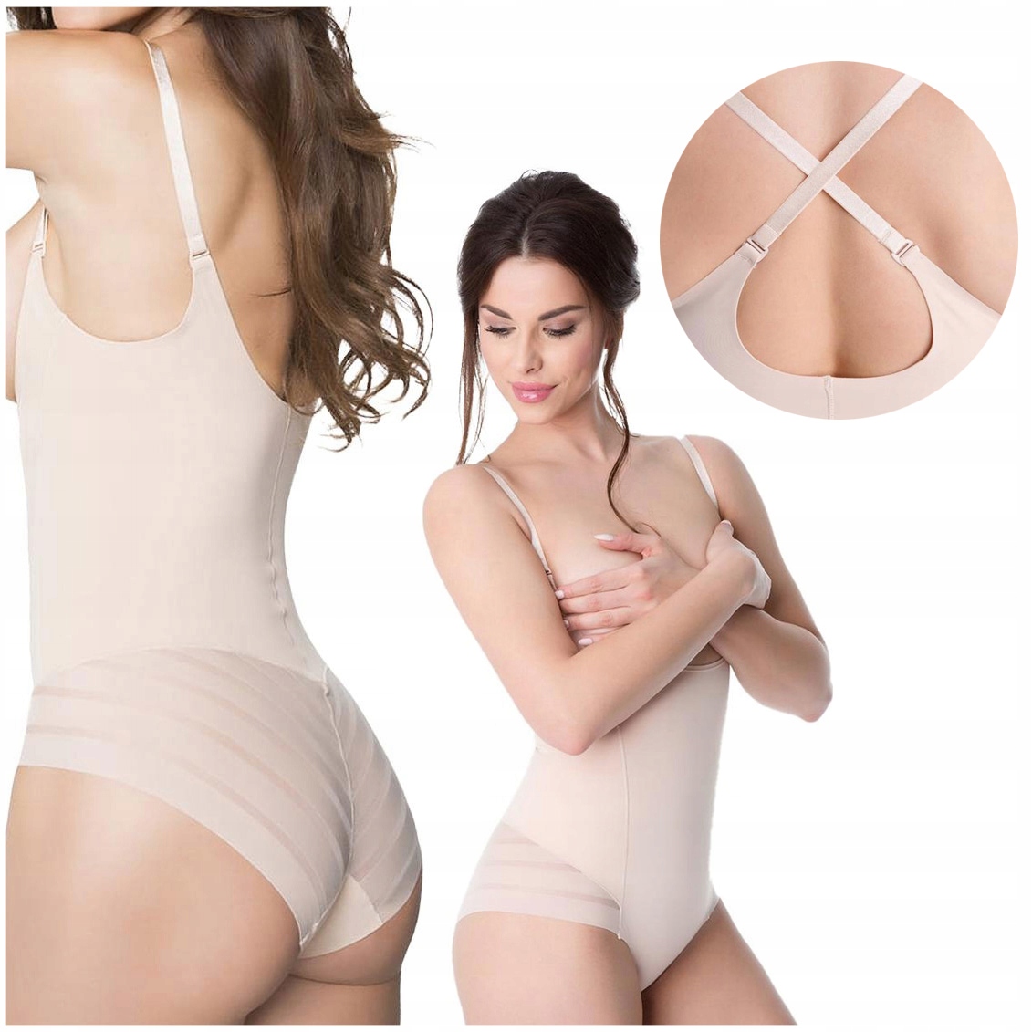 Julimex Beżowe wyszczuplające body pod biust z siateczką S
