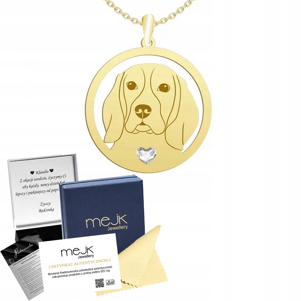 Zlatý náhrdelník se psem Beagle 925 Věnování Šperky Dárek Gravírování Bonus
