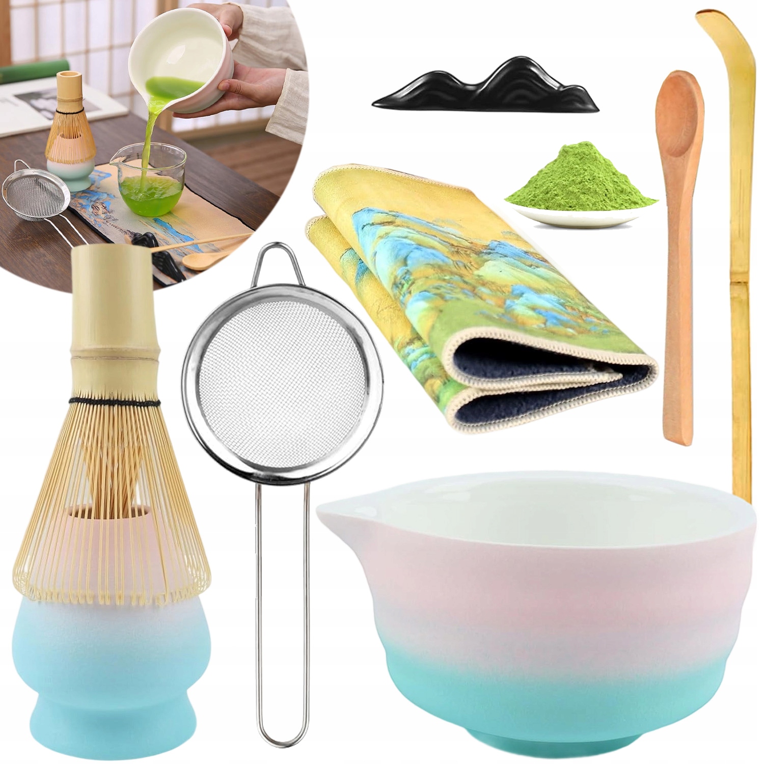 Levně Dárková Sada Na Čaj Matcha Sada Matcha S Metličkou Trvanlivá 8 Kusů