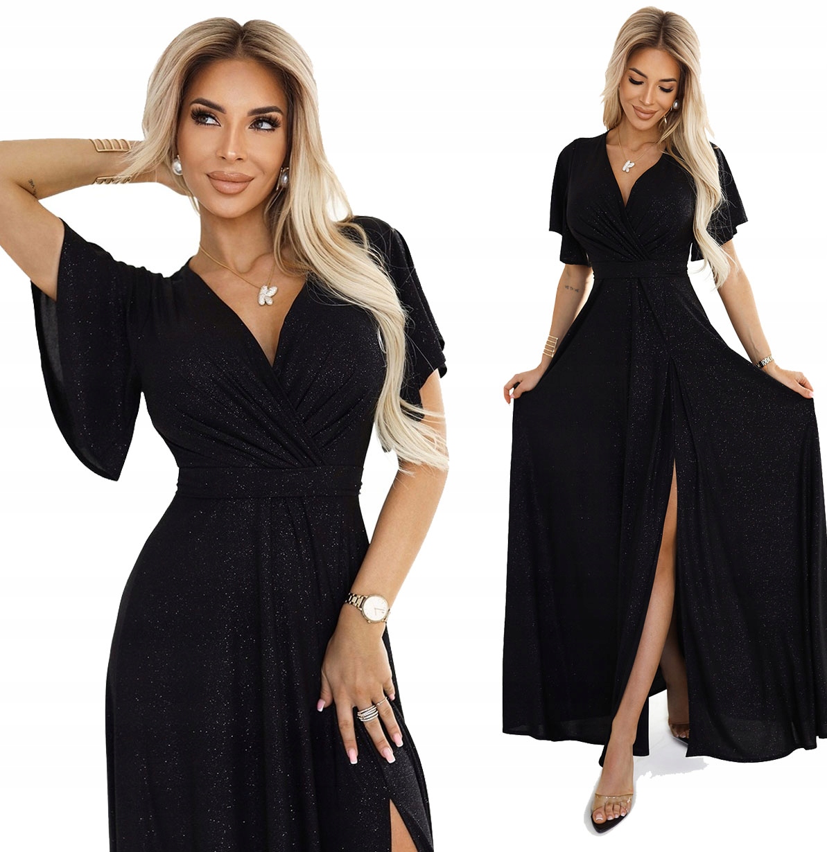 Elegantní Večerní Šaty S Výstřihem A Rukávkem, Černá Se Třpytkami, 2XL