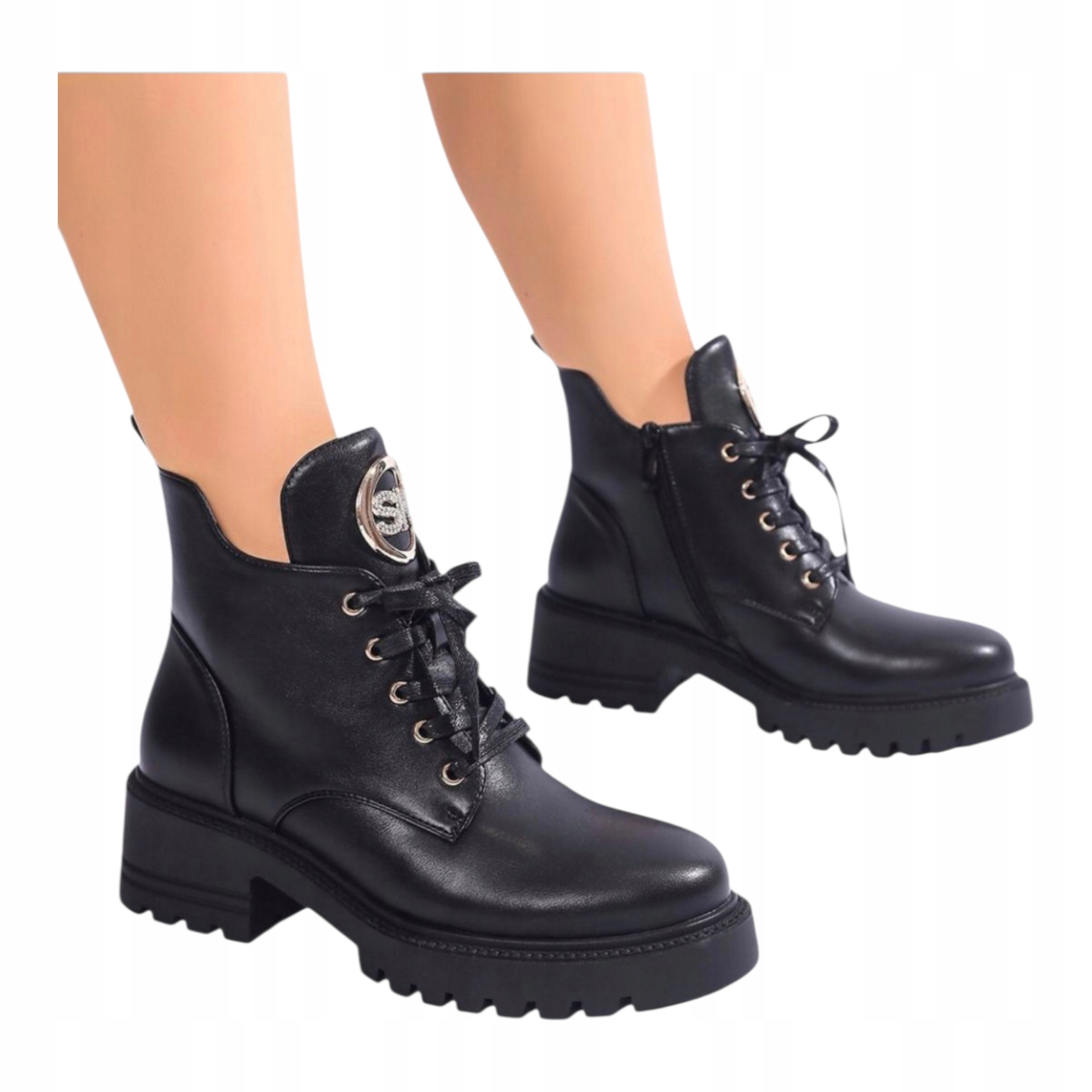 Dámské Kotníkové Boty na platformě Klocku Trapery Kožené Zateplené Černé 37