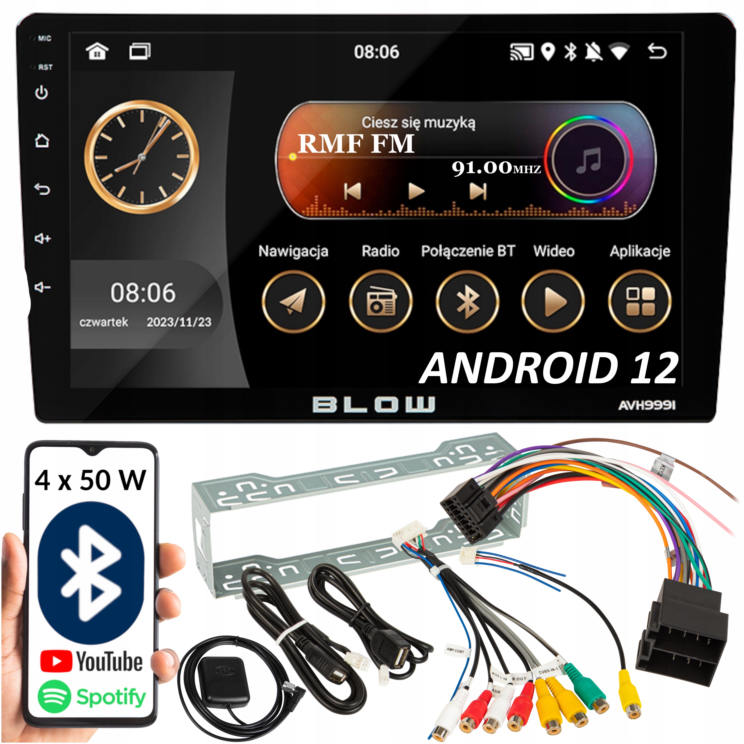 Autorádio Android 12 Bluetooth 1 Din 9 Palců Usb Aux Gps Carplay