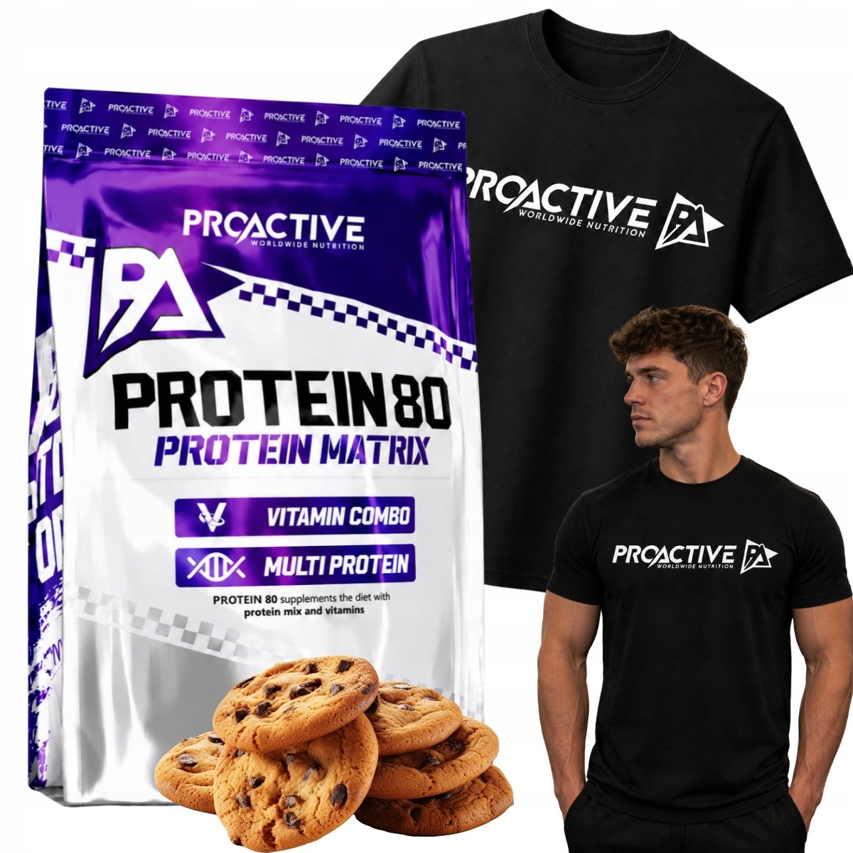Set Bílkovina ProActive Protein 80 2250 Sušenka Tričko Černá XXL