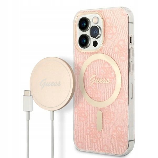 Zestaw Guess Case+ Charger iPhone 13 Pro różowy/pink hard case 4G MagSafe