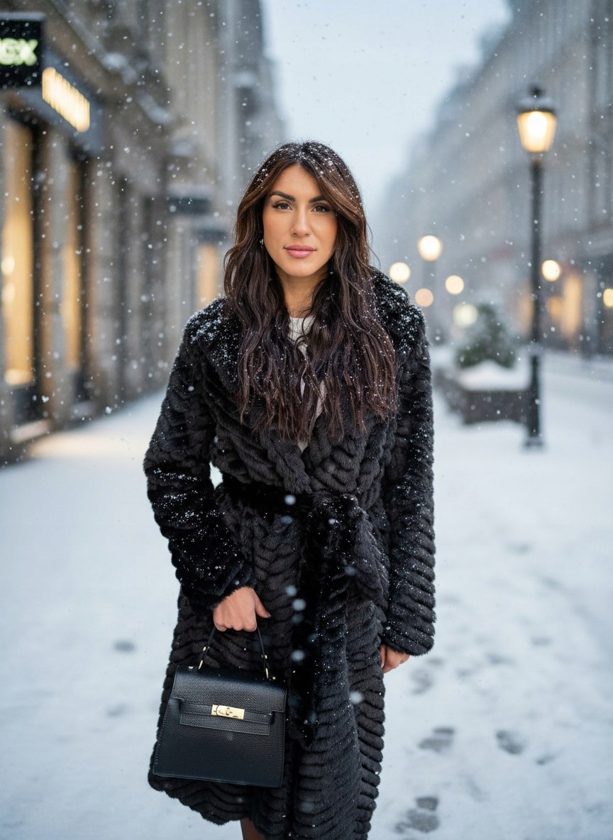 stylová kožešina dlouhá s páskem černá Premium S/m