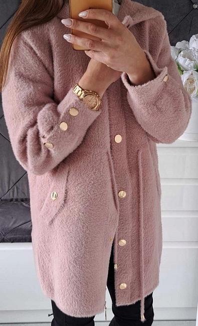 ALPAKA CIEPŁY PŁASZCZ Z KAPTUREM NARZUTKA PRZEJŚCIOWA WEŁNA Kolor różowy