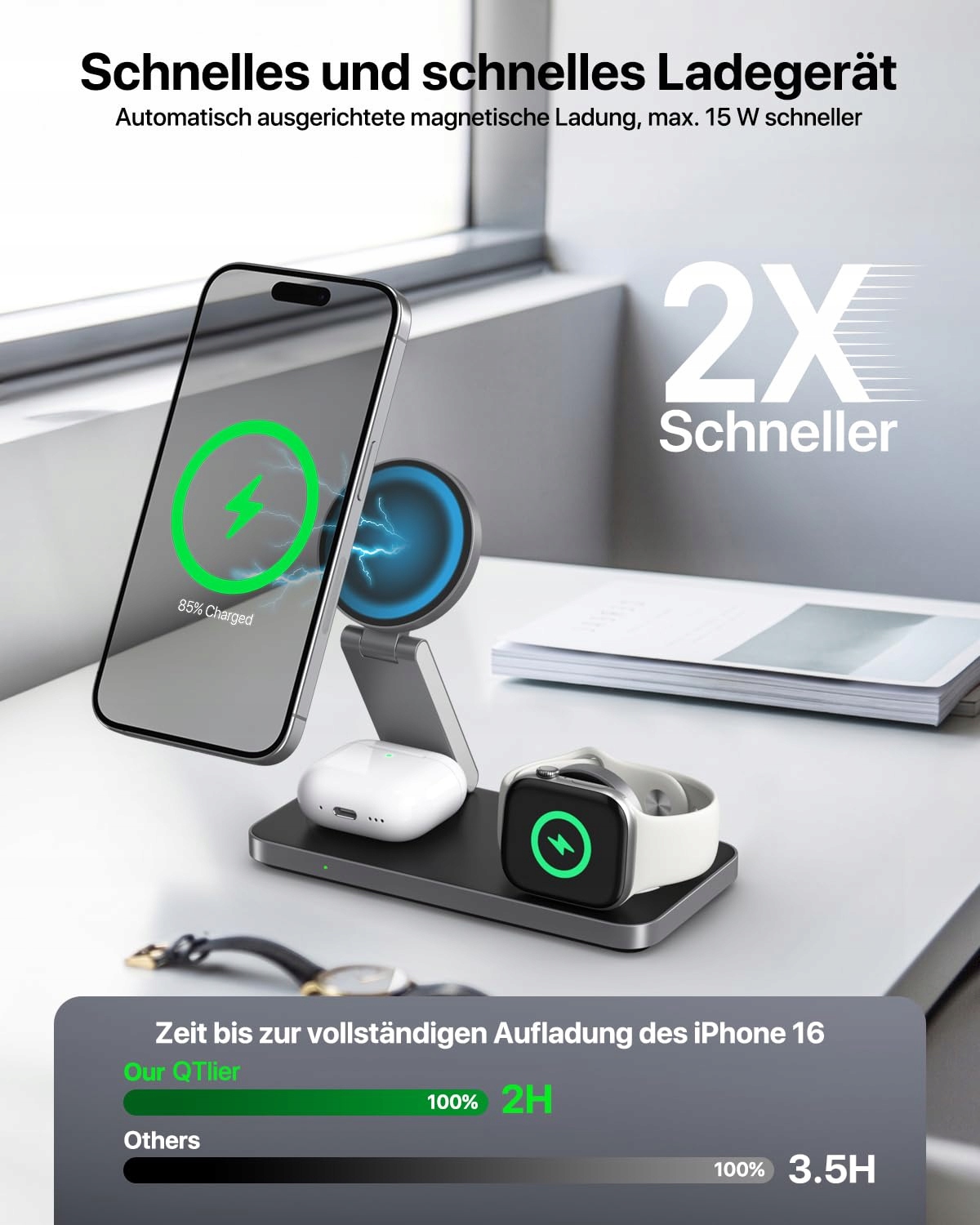 QTLier Stacja Ładowania 3w1 iPhone Apple Watch AirPods Bezprzewodowa — miniatura 2