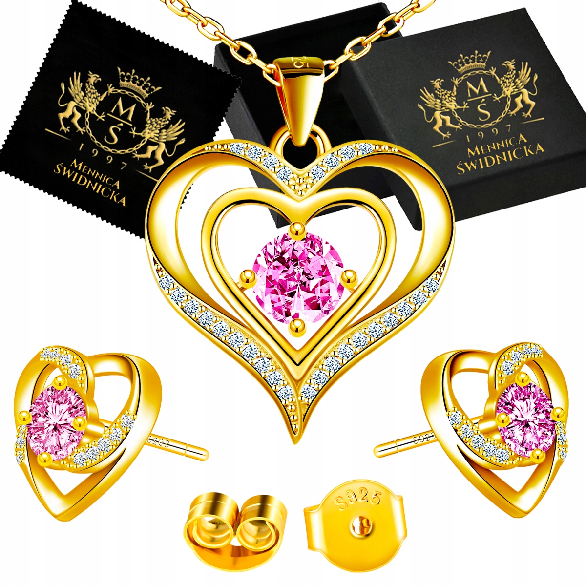 Komplet Biżuterii Złoty srebro 925 Serce Cyrkonie Kolczyki Wisiorek Zestaw