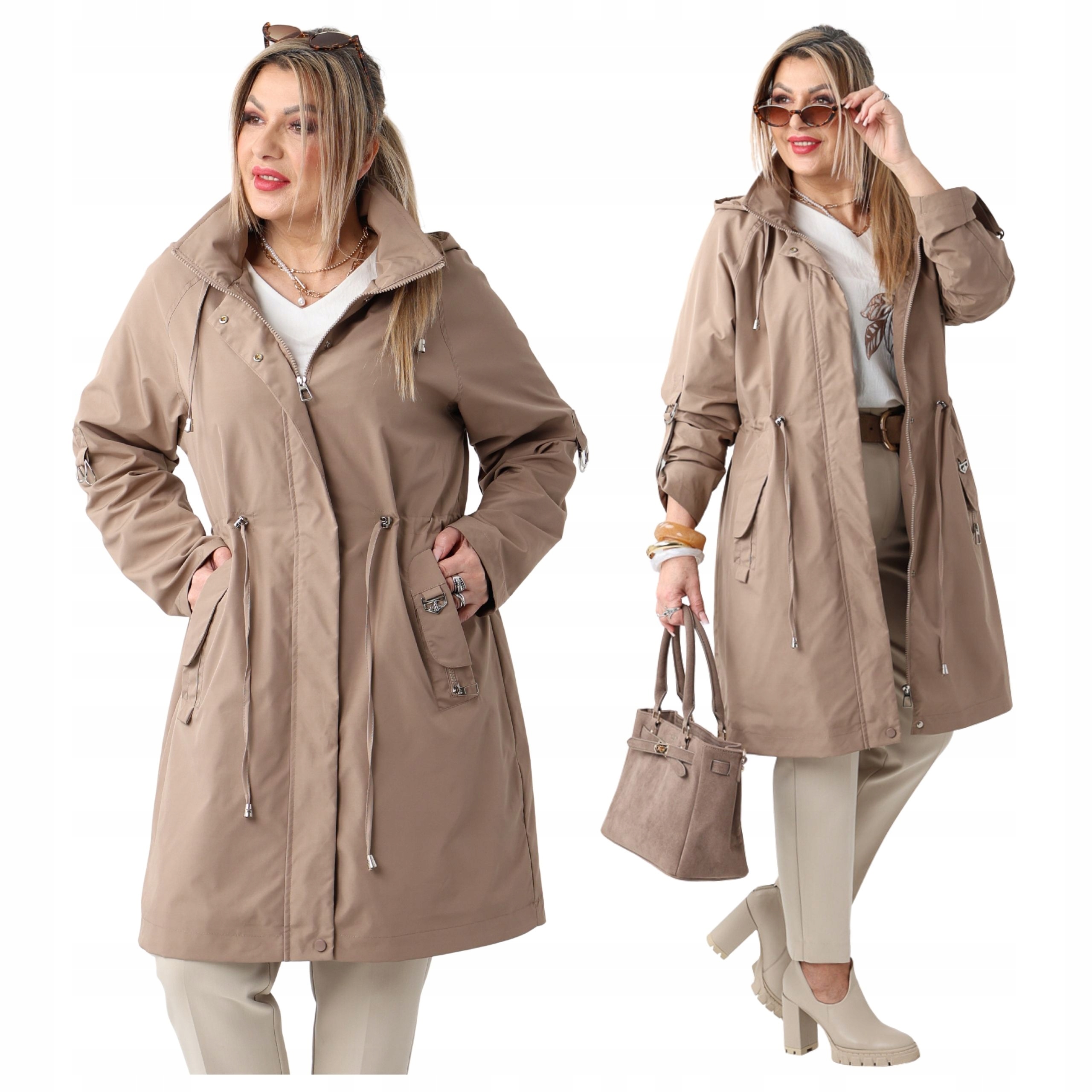 Damska Kurtka Parka Przejściowa Lekka Duże Rozmiary Regulowana W Pasie