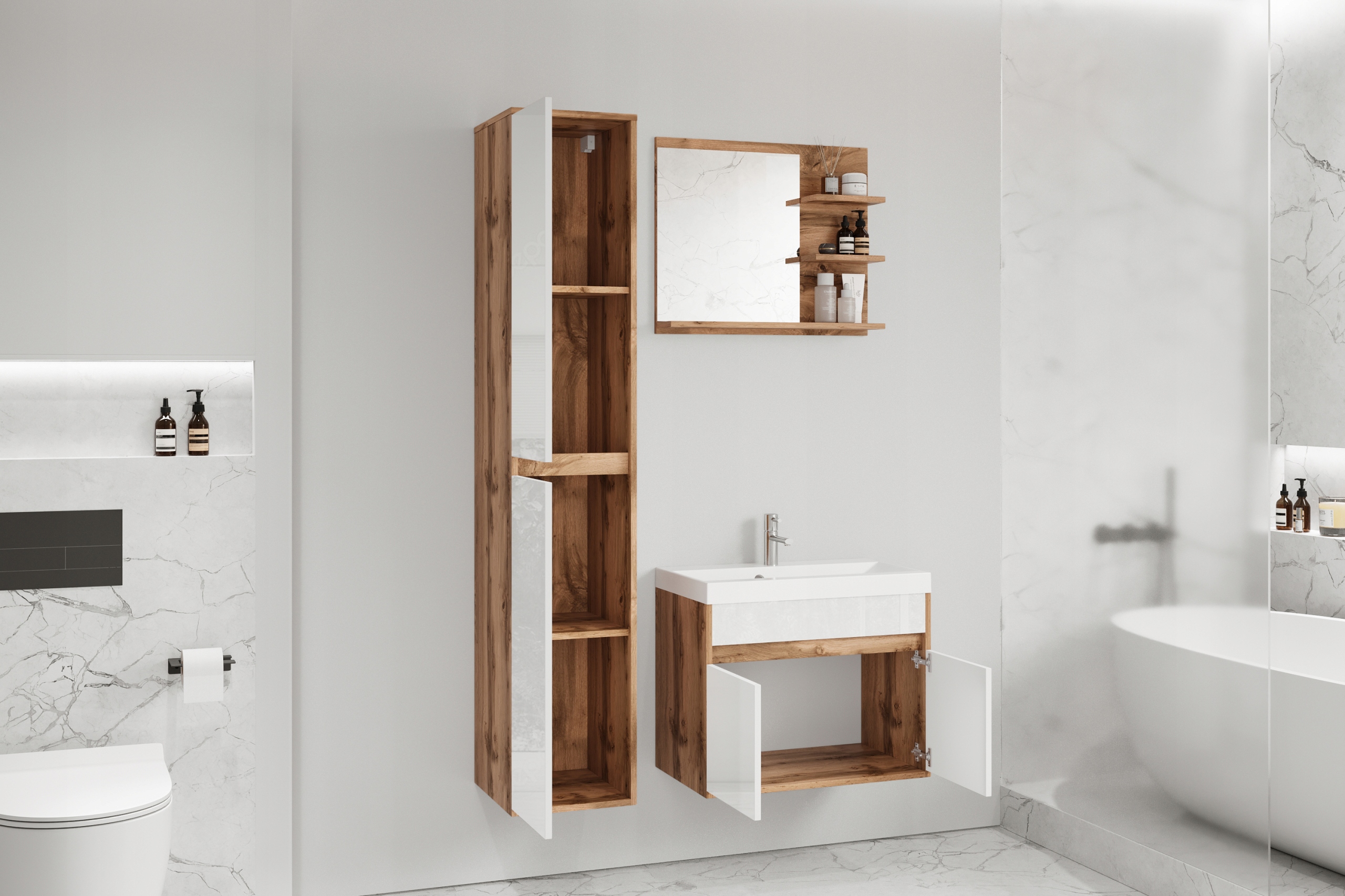 ZESTAW MEBLI ŁAZIENKOWYCH Z LUSTREM I UMYWALKĄ KOMPLET DĄB WOTAN BIAŁY Marka Bratex