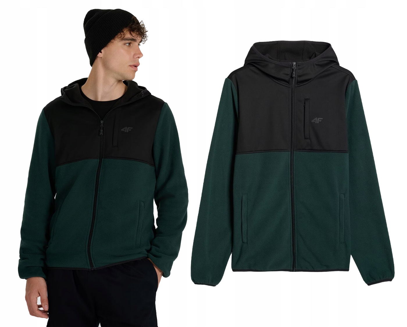 Mikina fleecová se softshellem 4F, teplý fleecová mikina s kapucí, M417, zelená, velikost XL