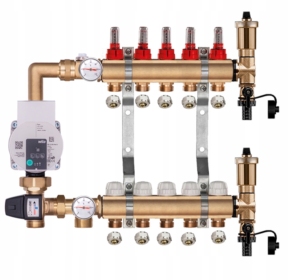 Mosazný rozdělovač pro podlahovku 5 s Čerpací Skupinou Wilo Pex Spojky