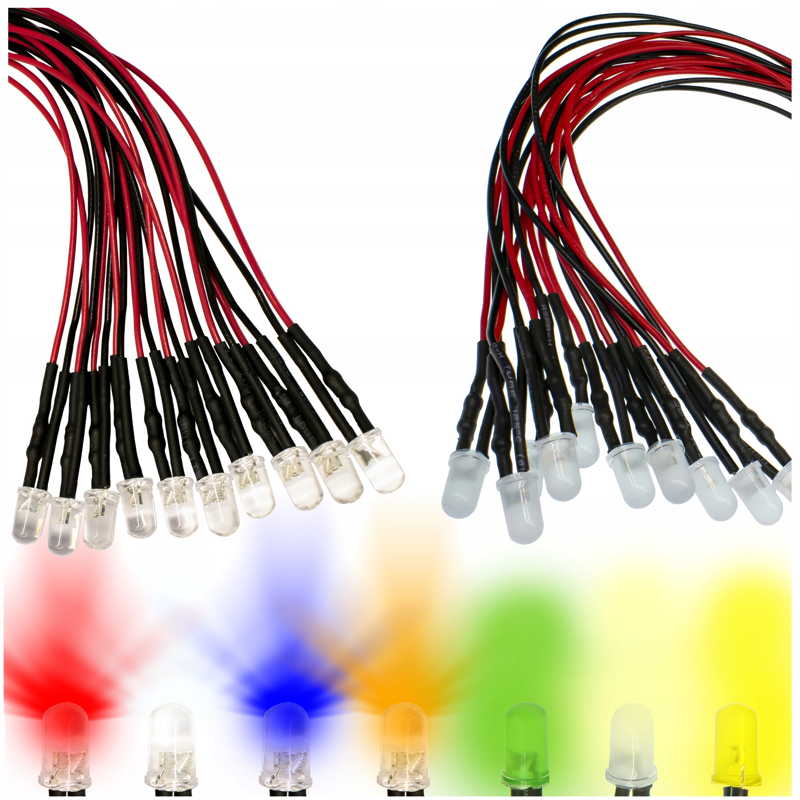 10× DIODY LED 12V 5mm MIX KOLORÓW i RODZAJÓW do wyboru - przewody 20cm | 10 szt