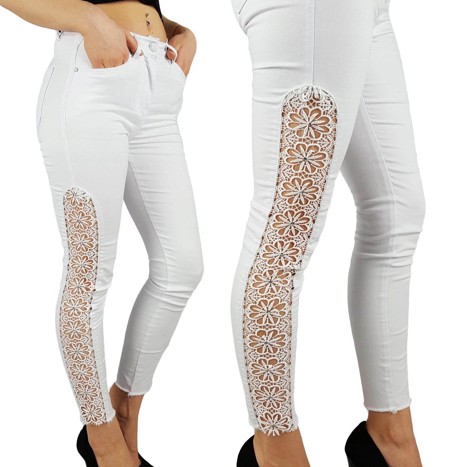 

#damskie Spodnie Wyszczuplające Koronka Białe New