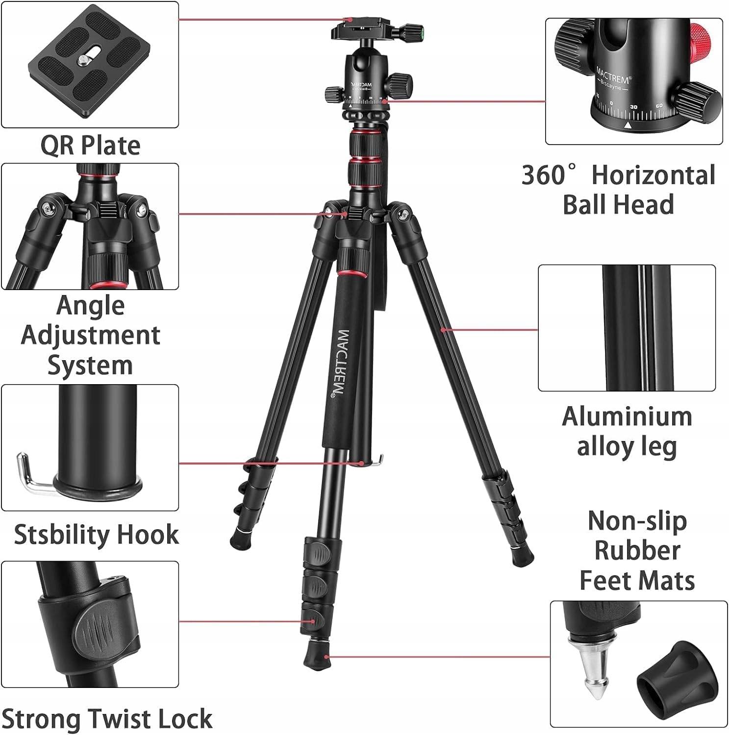 MACTREM Statyw 80" DSLR Profesjonalny Aluminiowy Do Podróży Z Torbą — miniatura 6