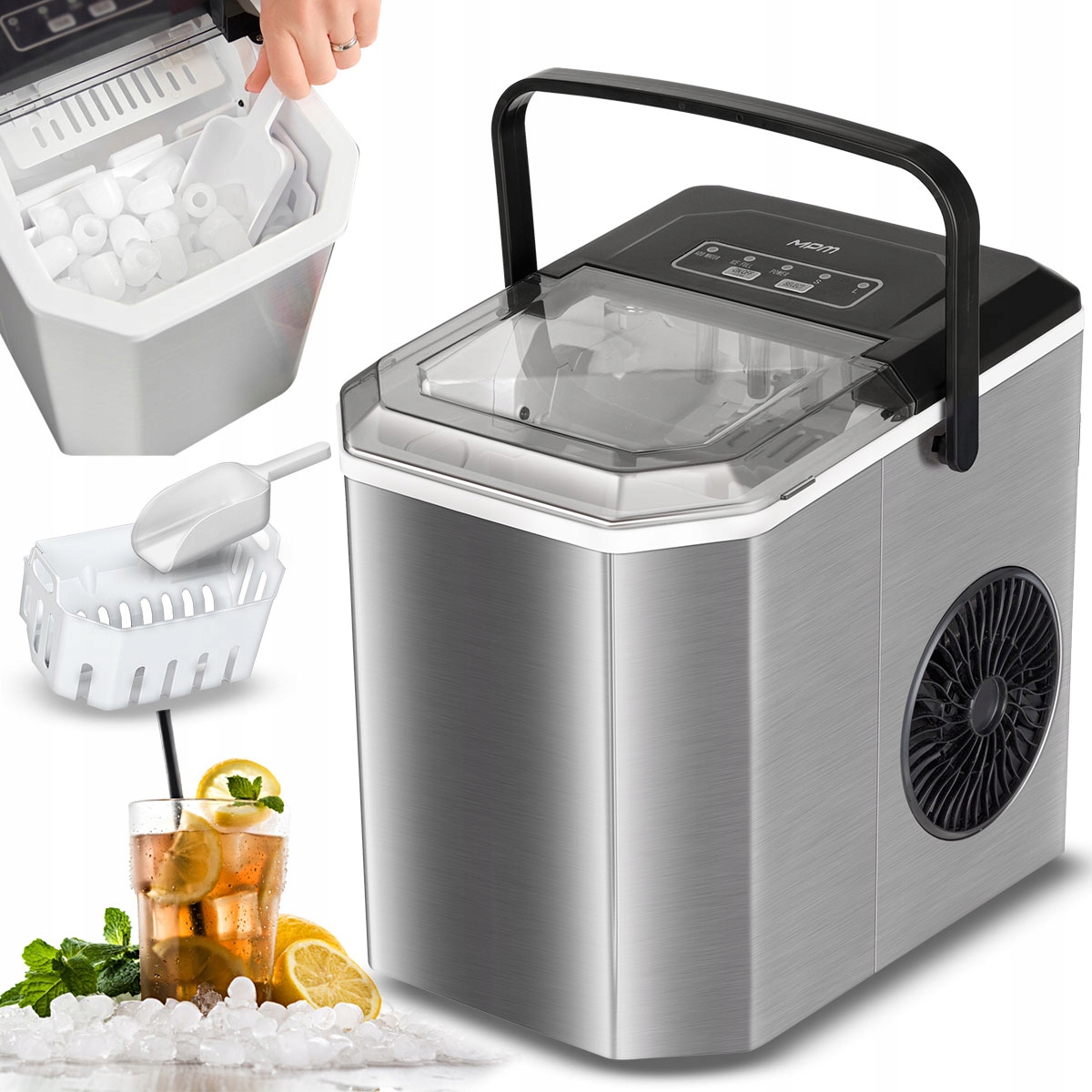 Kostkarka do lodu duża srebrny/szary inox uchwyt Mpm MKD-04M 150W