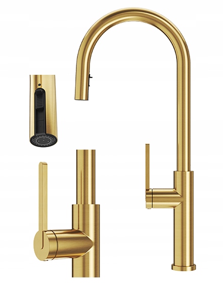 Kuchynská Batéria Prati S Výsuvným Výtokom Brushed Gold, Vysoký Zlatý Kohútik