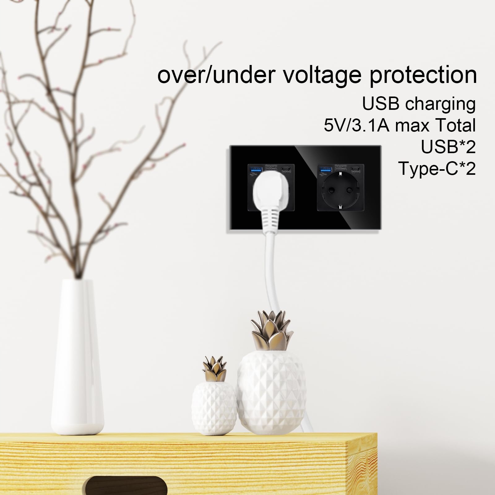 JIMEIDA Podwójne Gniazdo USB 20W Czarne Szybkie Ładowanie Typ C 250V 16A — miniatura 5