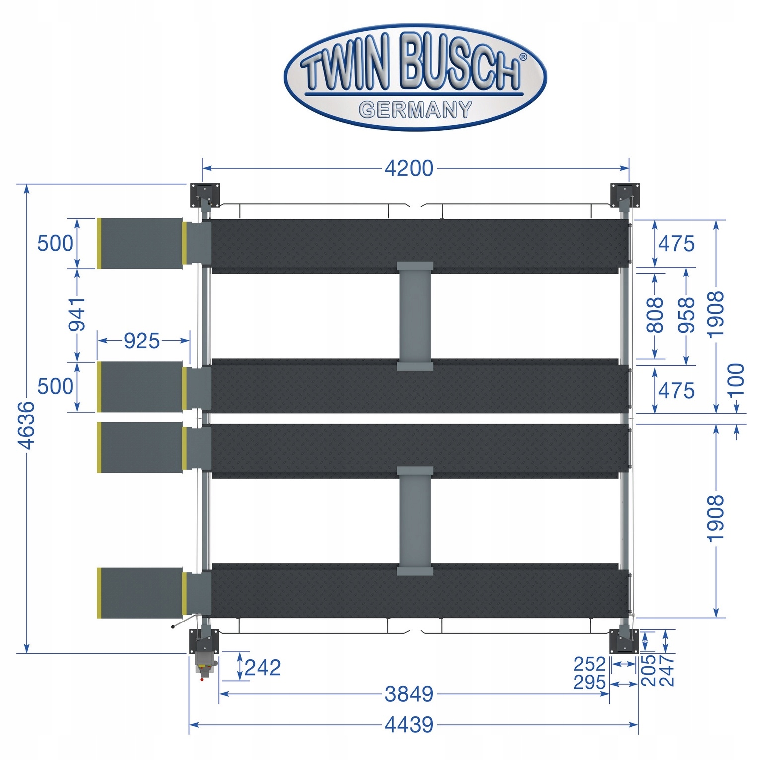 TECHWAR PODNOŚNIK PARKINGOWY TWIN BUSCH TW 436 P-D2 2 STANOWISKA NIEBIESKI Liczba kolumn 4