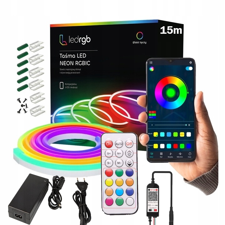 Taśma Led 15M (2x7.5m) Neon 5050 Rgbic Bluetooth Aplikacja Pilot Tęcza 24V