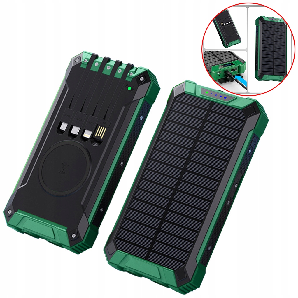 Solární Powerbanka Zelená 10000 Mah Usb 4 Kabely Svítilna Rychlé Nabíjení