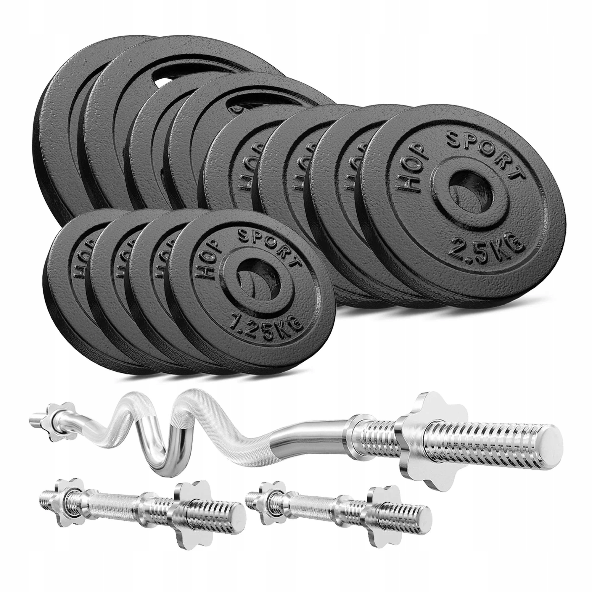 Sztanga obciazeniem 58kg gryf mocno łamany hantle żeliwne zaciski zestawie